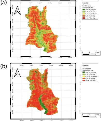 Figure 18. Landslide susceptibility maps for Valchiavenna: a LSM for Valchiavenna derived from Random Forests model trained in VCC1; b LSM for Valchiavenna derived from Random Forests model trained in VCC3.
