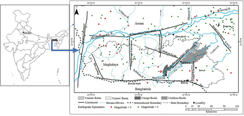 Figure 1. Major tectonic lineaments and regional drainage pattern of northeastern part of the Indian subcontinent. The studied basins, situated in the east central part of the Indian state of Meghalaya, along with their trunk streams have also been demarcated. Magnitude classified location of the earthquake epicenters has been superposed (data source: Seismo tectonic atlas of India and its environs, GSI, Citation2000).