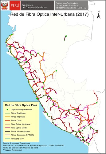 Figure 2. Map of Peru’s Fiber-Optic Internet cables in 2017, showing the cables from Nauta to Iquitos isolated from the national network, created by Sub Gerencia de Análisis Regulatorio – GPRC – OSIPTEL and reproduced with permission.