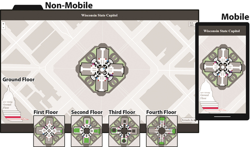 Figure 4. Responsive design solution for indoor-outdoor and multi-floor cartographic design of the Wisconsin State Capitol Building (USA) (adapted from Rose, Roth, and Woodward Citation2013). The Wisconsin State Capitol Building tileset combines digitized public floorplans of the Capitol Building with OpenStreetMap road and building footprints, using a profile view of the Capitol to navigate across floors. Creation of the tileset led to a number of questions about indoor-outdoor mobile map design, for instance: How effective is projection of indoor floorplans in Web Mercator, and what alternatives exist? Should indoor floorplans be generalized differently across scales to match the LOD of outdoor multiscale OpenStreetMap base data? At what scales should doors be depicted as a continuation of a wall versus an opening in a wall? At what scales should thicker walls and other inaccessible voids be depicted as lines versus polygons? Should multi-floor atrium spaces be occluded from all but the bottom floor of the atrium, or draw content from across floors to match the user experience at the vista scale (i.e., what is visible versus what is navigable from a given floor)? What is the best interaction metaphor for navigating between floors while moving?