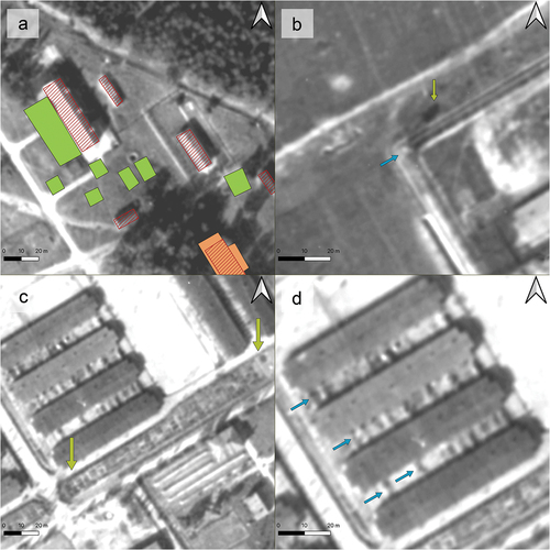 Figure 10. Interpretation of remote sensing data regarding Stalag VIII B (344) Lamsdorf: a) the difference between the digitized buildings based on the plan from 1943 and the interpretation of the aerial photo from 1944, b) the watchtower visible on the aerial photography, c) POWs’ gardens, d) sites with POW tents and clothes drying between the prisoner barracks (prepared by M. Kostyrko; collection of the national archives and records administration, USA).