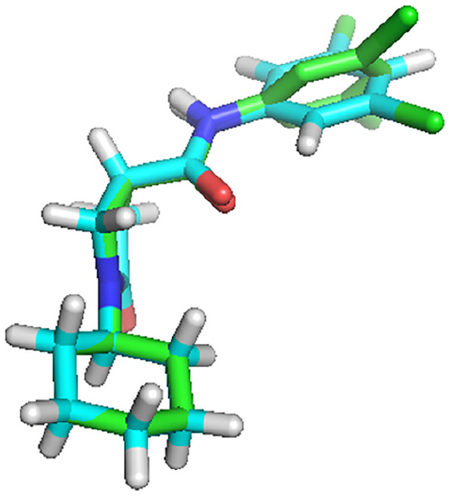 Figure 8 The alignment of the docked ligand on the X-ray crystal ligand in the active site of InhA.