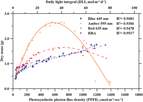 Figure 6. Effects of photosynthetic photon flux density (PPFD) on lettuce plant dry mass (DM) yield when grown under blue (445 nm), amber (595 nm), red (635 nm), and combined red-blue-amber (RBA) LEDs. The daily light integral (DLI) was calculated based on the 16-h photoperiod used in this study.