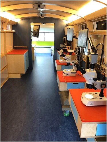 Figure 2. The interior of the BioBus showing several microscope stations in the front and small classroom with seating in the rear.