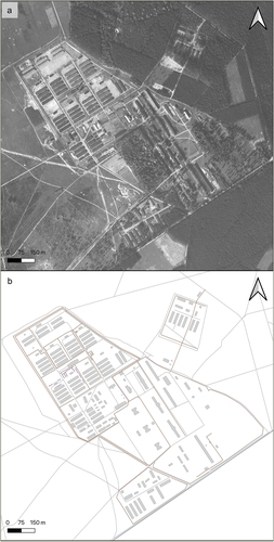 Figure 6. Aerial photography from September 1944 documenting the infrastructure of Stalag VIII B (344) Lamsdorf (collection of the National Archives and Records Administration, USA) and the general plan of the camp based on the photography (prepared by K. Karski).