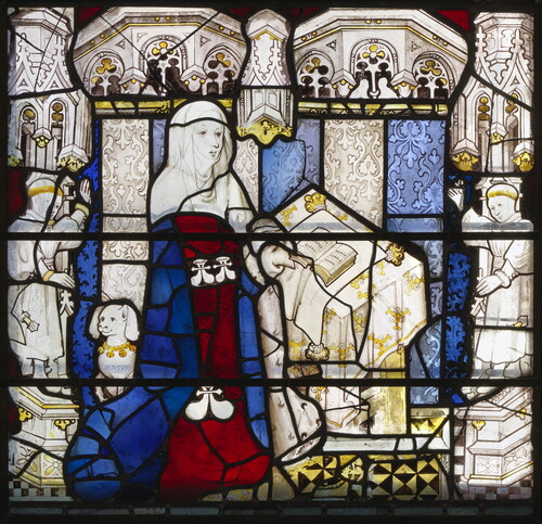 Fig. 11. York Minster, St William window (nVII), panel 1e, Beatrice de RoosThe York Glaziers Trust, reproduced courtesy of the Chapter of York