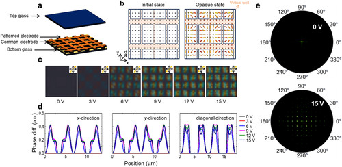 Figure 6. 2-D LC grating device with waffle-shaped electrodes: (a) device structure; (b) calculated LC director distributions; (c) calculated POM images with a full-wave plate; (d) calculated phase difference profiles; and (e) simulated diffraction pattern.