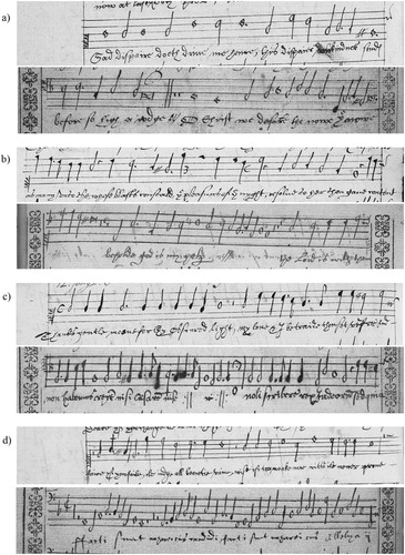 Image 16. Comparison of notation scribes in GB-Lbl: Add. MSS 30480-4 and GB-Ob: MS. Mus. f. 7-10 (© British Library Board and © Bodleian Library, Oxford). a) Above: Mus. f. 8, fol. 4v; below: 30482, fol. 49v. b) Above: Mus. f. 7, fol. 21r; below: 30480, fol. 58r. c) Above: Mus. f. 8, fol. 17v; below: 30482, fol. 61v. d) Above: Mus. f. 7, fol. 9v; below: 30483, fol. 65v.