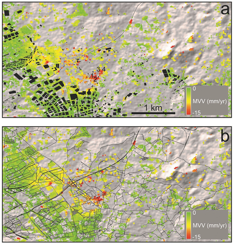 Figure 9. (a) Balcik buildings overlaid on the mean vertical velocity (MVV) map; (b) roads overlaid on the MVV map. The locations of field observations are shown by the numbers in (b).