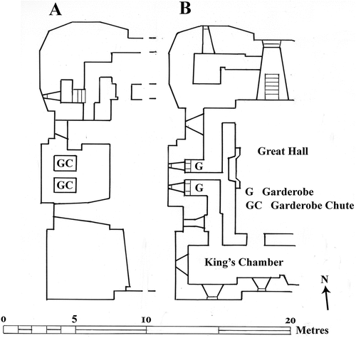 Figure 20. Newcastle castle keep 1168–1178. (A) First floor garderobe chutes. (B) Second floor garderobes.