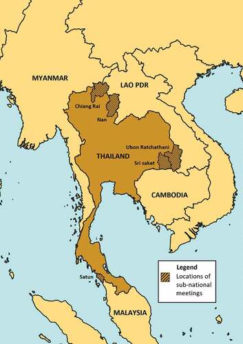 Figure 1. The five provinces within Thailand that participated as sites to sub-national coordinating mechanisms along borders were Chiang Rai, Nan, Ubon Ratchathani, Sri Saket, and Satun.