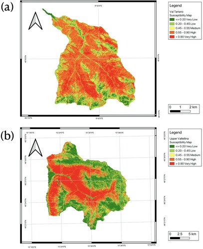 Figure 17. Landslide susceptibility maps for Val Tartano and Upper Valtellina: a LSM for Val Tartano derived from Random Forests model trained in VT; b LSM for Upper Valtellina derived from Random Forests model trained in UV.