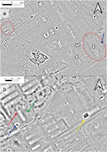 Figure 15. Airborne laser scanning derivatives : a) marked places (the red circles) where storage buildings were located. The blue arrow indicates potential traces of a latrine, b) the arrows mark the bathing and delousing buildings and the kitchen, which may have served as an officers’ bath (prepared by M. Kostyrko; source: Head office of geodesy and cartography, Poland).