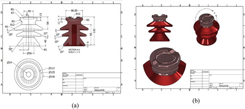 Figure 2. (a) The drawing of the 33-kV electrical porcelain insulator showing dimensions. (b) The drawing of the 33-kV electrical porcelain showing the shape as determined by the dimensions of the drawing.