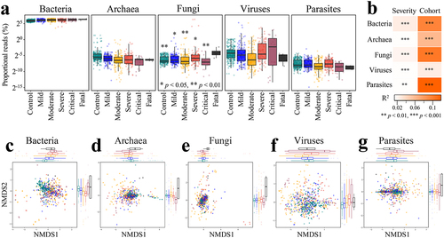 Figure 6. Altered proportions of gut bacterial, archaeal, fungal, viral, and parasitic communities in COVID patients are associated with disease severity. A. Distribution of proportional read (log2 scale) representation of five different microbial kingdoms in the shotgun metagenomes as a function of known disease severity (n = 718); *p < .05, **p < .01 (Fatal versus other disease category, Wilcoxon rank-sum test). B. COVID disease severity is significantly associated with differences in the bacterial, archaeal, fungal, viral, and parasitic community proportions across cohorts (first stool sample only from each subject, n = 537); microbiome variation was measured by PERMANOVA based on Bray-Curtis dissimilarity matrices computed on relative abundance with cohort adjusted and marginal sums of squares applied, i.e., adonis2(relative abundance matrix ~ severity + cohort, permutations=999, method=“bray”, by=“margin”). Non-metric multidimensional scaling (NMDS) of microbiome-severity correlation based on species-level Bray-Curtis dissimilarity of pooled shotgun metagenomes with known disease severity (n =718) for (c) bacteria, (d) archaea, (e) fungi, (f) viruses, and (g) parasites; colored boxplots on the top and the right represent Bray-Curtis dissimilarity by disease severity in the first and second ordinations, respectively.
