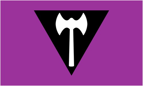 Figure 1. Lesbian pride flag displaying labrys.Source: Thespoondragon, CC0, via Wikimedia Commonshttps://upload.wikimedia.org/wikipedia/commons/thumb/d/dd/Labrys_Lesbian_Flag.svg/1200px-Labrys_Lesbian_Flag.svg.png?20220730223704