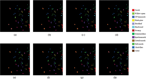 Figure 5. Classification maps for KSC dataset (a) 2DCNN (b) 3DCNN (c) SSRN (d) RVT (e) ViT (f) CT mixer (g) SSFTT (h) proposed.