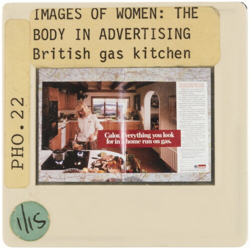 Figure 17. ‘Images of Women: The Body in Advertising. British Gas Kitchen’, undated 35mm slide, ca. 1985, photographer unknown, former University of Brighton slide library, collection of Annebella Pollen. Photograph by Rachel Maloney, 2021.