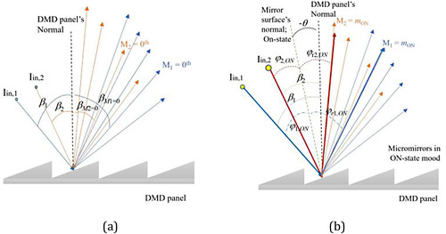 Figure 21. (a) Diffraction order distribution for two incident beams, (b) strongest diffraction orders for two beams in the ON-state mode.