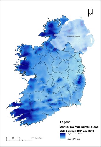 Figure 3. Spatial distribution of annual average rainfall observed between 1981 and 2010, 30-year average; interpolation was performed on 84291 data pints by Inverse Distance Weighting (IDW) method; data source (Met Éireann Citation2020).