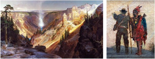 Figure 6. (6a, left) Thomas Moran, The Grand Canyon of the Yellowstone, oil on canvas, 1872, National Statuary Hall, United States Capitol, https://en.wikipedia.org/wiki/The_Grand_Canyon_of_the_Yellowstone_(1872)#/media/File:Thomas_Moran_-_Grand_Canyon_of_the_Yellowstone.jpg. (6b, right) Detail of the two figures standing at the promontory in Moran’s Grand Canyon.