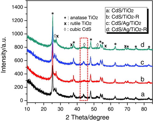 FIGURE 2 XRD patterns of CdS/TiO2 and CdS/Ag/TiO2 prepared by photodeposition method, and CdS/TiO2-R and CdS/Ag/TiO2-R prepared by precipitation method. (Figure provided in color online.)
