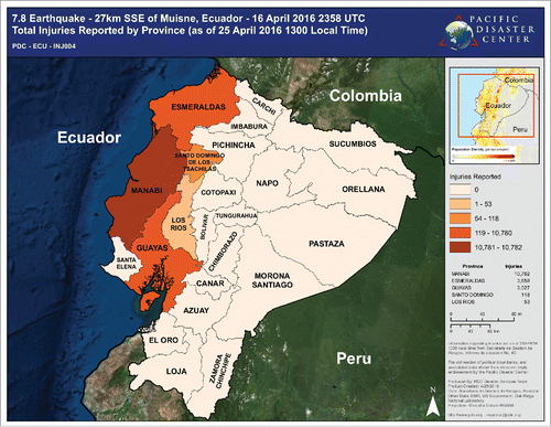 Figure 4. Pacific Disaster Center Map of Earthquake-related Injuries 16 April 2016 Ecuador Earthquake. © Pacific Disaster Center. Reproduced by permission of Pacific Disaster Center. Permission to reuse must be obtained from the rightsholder.