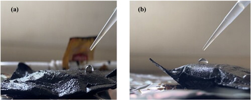Figure 11. (a and b) Photographic images of the PF and SF sorbents, respectively, after 5 cycles with water droplets on the surface to analyze their hydrophobic state.