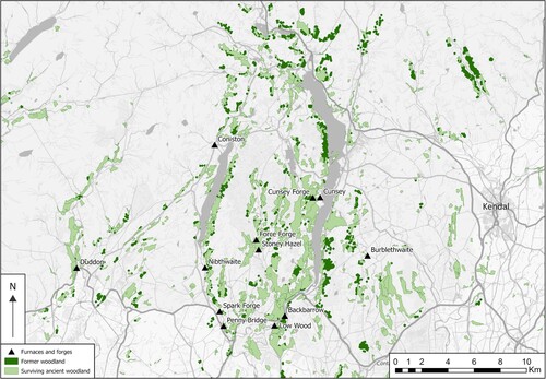 Figure 16. Former woodland extent (orange) as indicated by the charcoal burning platforms outside current ancient woodland extent (green). Ancient woodland mapped by Natural England (Open Government Licence Version 3). Also contains OS data © Crown copyright and database right (2023).