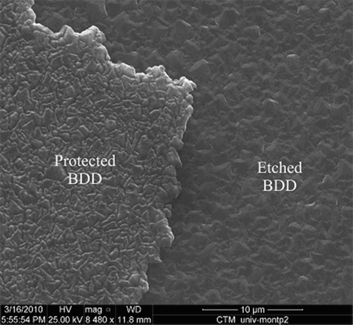 Figure 8. SEM image of the etched film with CHF3/O2 5/40 (sccm/sccm), pressure 10 mTorr, etching time 10 min and an RF power 200 W.