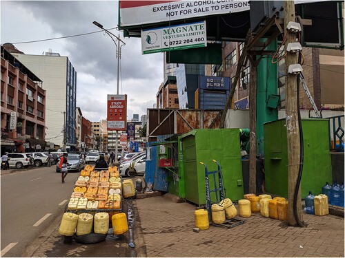 Figure 5. Jerry cans on a handcart and next to it in Westlands (2021), picture taken by the author.