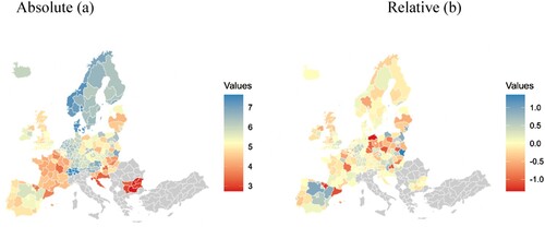 Figure 5. Satisfaction with democracy: Absolute (a) Relative (b).Note: The right panel on Figures 2–5 shows absolute regional variation in political attitudes, while the left panel shows relative variation compared to the national average. The indicators of political discontent are based on data from European Social Survey (ESS) Round 9 (2018).