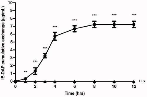 Figure 3. Cumulative exchange profile of iE-DAP agonist. 6 mg of PHBV-iE-DAP nanoparticles were incubated in 1 ml of PBS at 37 °C and with orbital shaking. At times 0, 1, 2, 3, 4, 6, 8, 10, and 12 h, it was centrifuged, and 50 µl aliquots were taken, which were quantified by UPLC (circles). As a negative control, empty NPs (triangles) were used. The results are expressed as the mean ± standard deviation of three independent experiments. One-way ANOVA was performed with the Bonferroni test as statistical analysis. **p < 0.01, ***p < 0.001.