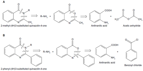 Figure 1 Retrosynthetic analysis of (A) 2-methyl-(4H)3-substituted quinazolin-4-one and (B) 2-phenyl-(4H)3-substituted quinazolin-4-one.