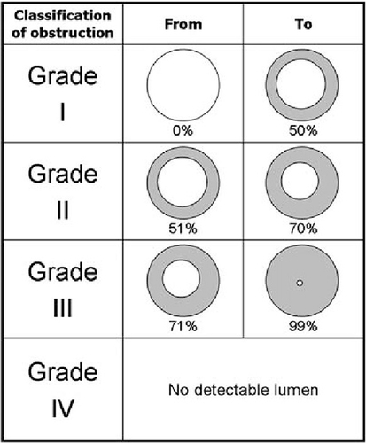 Figure 7 Classification grading demonstrating various levels of stenosis of the lumen based on the Meyer’s Cotton system.Citation15