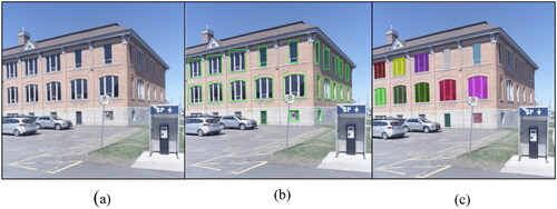 Figure 7. a) A single view façade image captured Fredericton residential area b) detected windows and doors bounding boxes by Faster-RCNN c) refined 2D SAM segments.