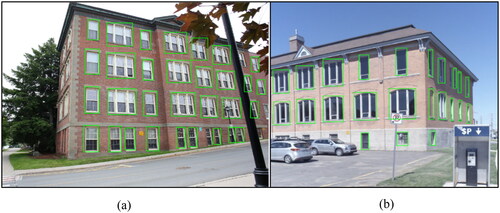 Figure 6. The overlaid bounding boxes (green) on single view façade images captured by DSLR cameras (a), and Leica MLS device (b).