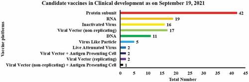 Figure 4. The graph highlights the vaccines platforms currently in clinical trial utilized in the quest for SARS-CoV-2 vaccine development.