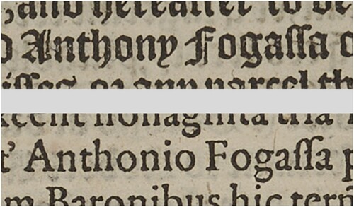 Figure 1. Examples of text in ‘blackletter’ (Anthony Fogassa) and ‘roman’ (Anthonio Fogassa), sampled from fol 21 of Plowden. Image kindly provided by the University of Aberdeen, Museums and Special Collections (licenced under CC By 4.0: https://creativecommons.org/licenses/by/4.0/).