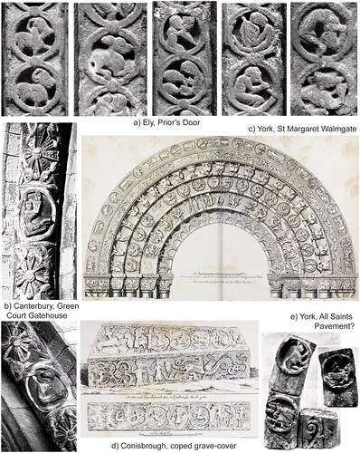 Fig. 4. Mid-12th-century sculpted roundels from architectural contexts: a) Ely Cathedral, Prior’s Door, jambs; b) Canterbury Cathedral, Green Court gatehouse, roundels in outer order; c) York, St Margaret Walmgate, south door—drawing of 1790, engraved 1791 by John Carter; d) Conisbrough, coped and sculpted grave-cover—drawing by John Carter; e) York, voussoirs thought to come from All Saints church, Pavement and now in the Yorkshire Museum a) Photos Zarnecki, Ely Cathedral, pls 84, 87, 89, 90, 92 b) Photos Fergusson, Canterbury Cathedral Priory, pls 96, 97 c) J. Carter, Specimens of Ancient Sculpture and Painting (London 1780–87), II, between 34 and 35 d) Carter, Specimens, II, between 52 and 53 e) Photo RCHME, Inventory of the Historical Monuments of the City of York Vol. IV. Outside the City Walls East of the Ouse (London 1975), pl. 28