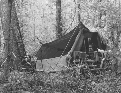 Figure 1. The ivory-billed woodpecker observation and recording camp, set up in the Singer Tract of Louisiana in April 1935. Albert Rich Brand papers, #21-18-1255. Division of Rare and Manuscript Collections, Cornell University Library.