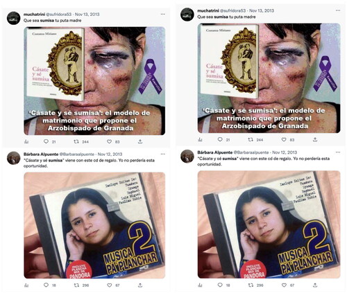Figure 7. Two featured posts on Twitter, one opts for ridiculing and the other presents the denunciation of domestic violence.