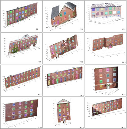 Figure 12. Overlaid 3D polygons on the single-sided façade point clouds (FC 1-12).