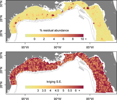 FIGURE 5. Kriged predictions of the residual abundance and associated SEs for Red Snapper in the northern Gulf of Mexico.