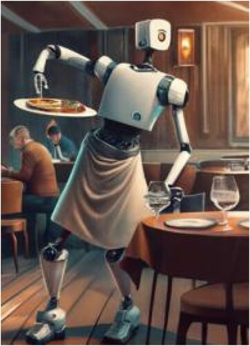 Figure 3. AI-generated image of a humanoid robot waiter and a plate of food, as used in Study 1. Source: (IdeogramAI Citation2024).