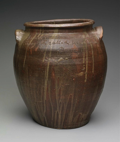 Figure 1. David Drake, 1857, made for Lewis J. Miles Pottery, large alkaline glazed stoneware vessel, with couplet ‘I made this jar for cash/though it is called lucre trash’. Museum of Fine Arts, Boston. 1997.10. Harriet Otis Cruft Fund and Otis Norcross Fund. Photograph by Garth Clark.