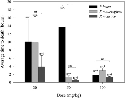 Figure 2. Average time to death (hours) for Rattus species, R.losea, R.n.norvegicus and R.n.caraco, at increasing doses of DR8. *Means a significant difference; ns is no significant difference.