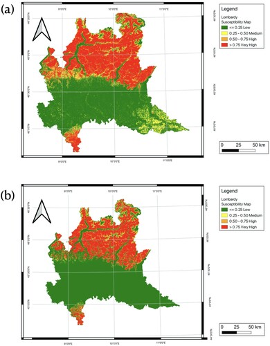Figure 19. Landslide susceptibility maps of Lombardy using 4-classes schema: a LSM derived from Neural Network model trained in VCC2 without precipitation data; b LSM derived from Neural Network model trained in VCC2 with average precipitation data.