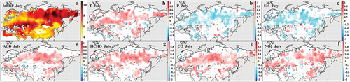 Figure 5. Mean lnFRP for July 2002–2022. (a) Spatial distribution of the correlation coefficients (p-value < 0.05) between lnFRP and temperature, T (b), precipitation, P (c), soil moisture, SM (d), AOD (e), HCHO (f), CO (g), and NO2 (h) for July 2002–2022.