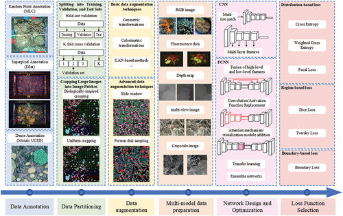 Figure 1. The development trend of coral image segmentation. Data annotation: This process involves marking different regions of an image with labels that represent specific categories or objects. Data partitioning: This step includes not only dividing the dataset into training, validation, and test sets but also segmenting large images into smaller patches suitable for network input. Data augmentation: This technique is used to increase the diversity of your dataset by applying a series of transformations to the original image data. Multi-model data preparation: This involves integrating various types of data sources or modalities to improve the segmentation performance of deep learning models. Network design and optimization: These processes involve selecting and refining the architecture of the neural network to improve its performance in distinguishing between different segments of an image. Loss function selection: This is a critical step that can significantly influence the effectiveness and efficiency of a deep learning model in image segmentation tasks.